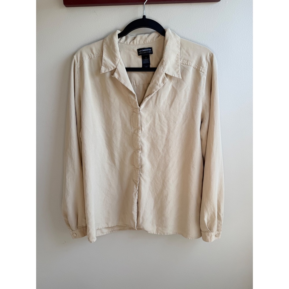 Silk Blouse Liz Claiborne Collection Tan Button Down Shirt Long Sleeve Size 12